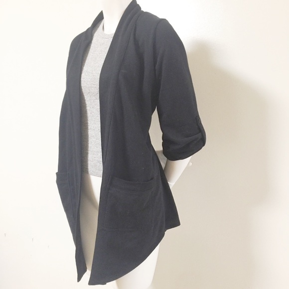 Black 3/4th Sleeve Hi-low Sweater Blazer w/Pockets - Picture 3 of 12